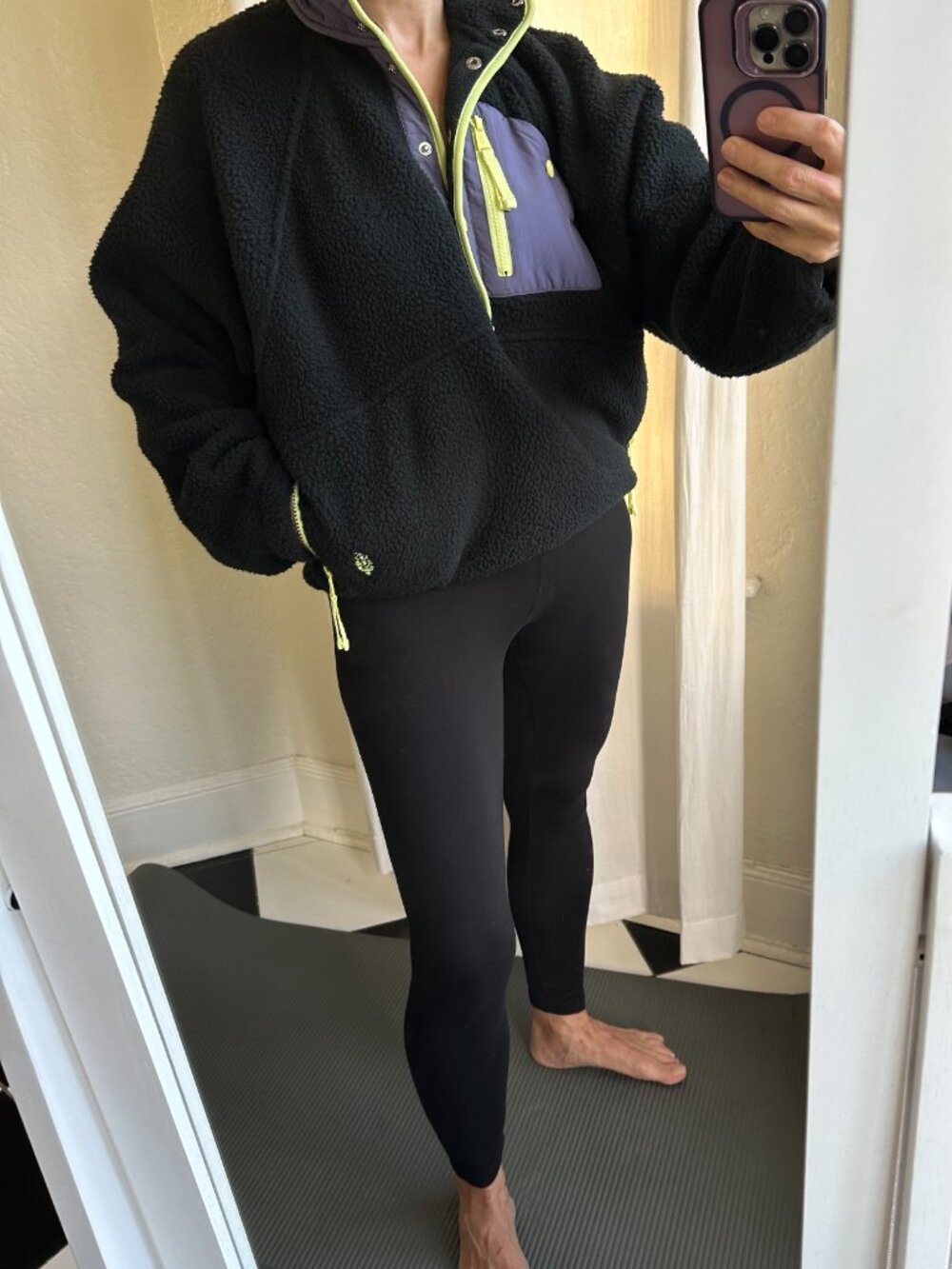 Free People Movement XS Black Fleece Pullover Purple Neon Trim Zip Pockets NWOT